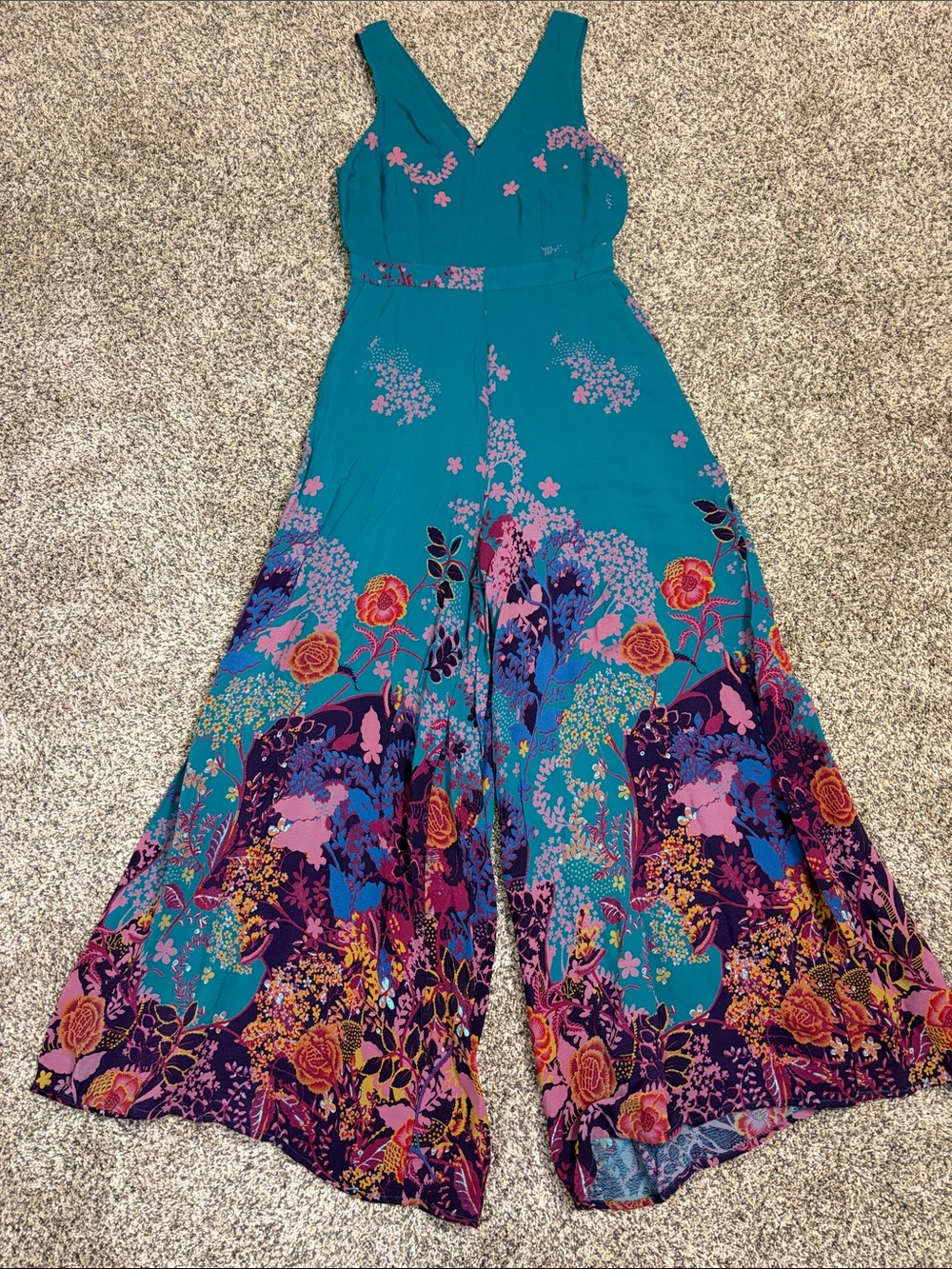 Maeve Antropologie Floral Wide Leg Sleeveless Teal Blue Jumpsuit Women’s Size 0